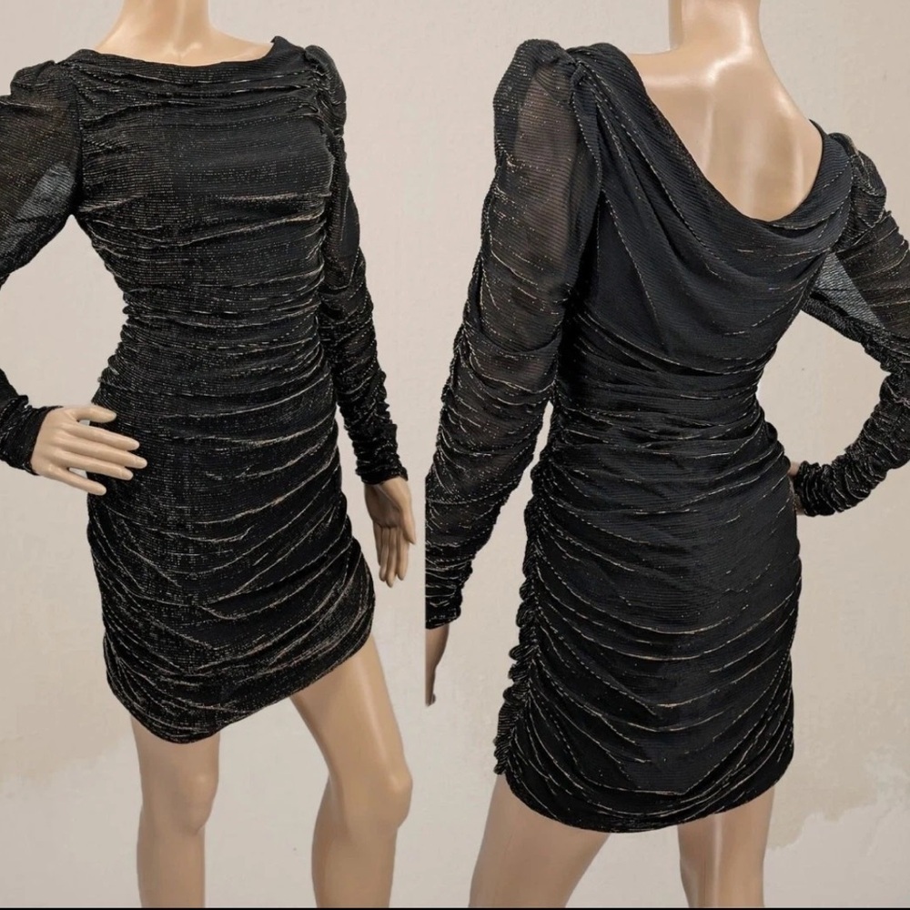 Vintage 80s Scarlett Ruched Black Gold Metallic Mini Dress Long Sleeve Size 5/6 - Picture 11 of 12